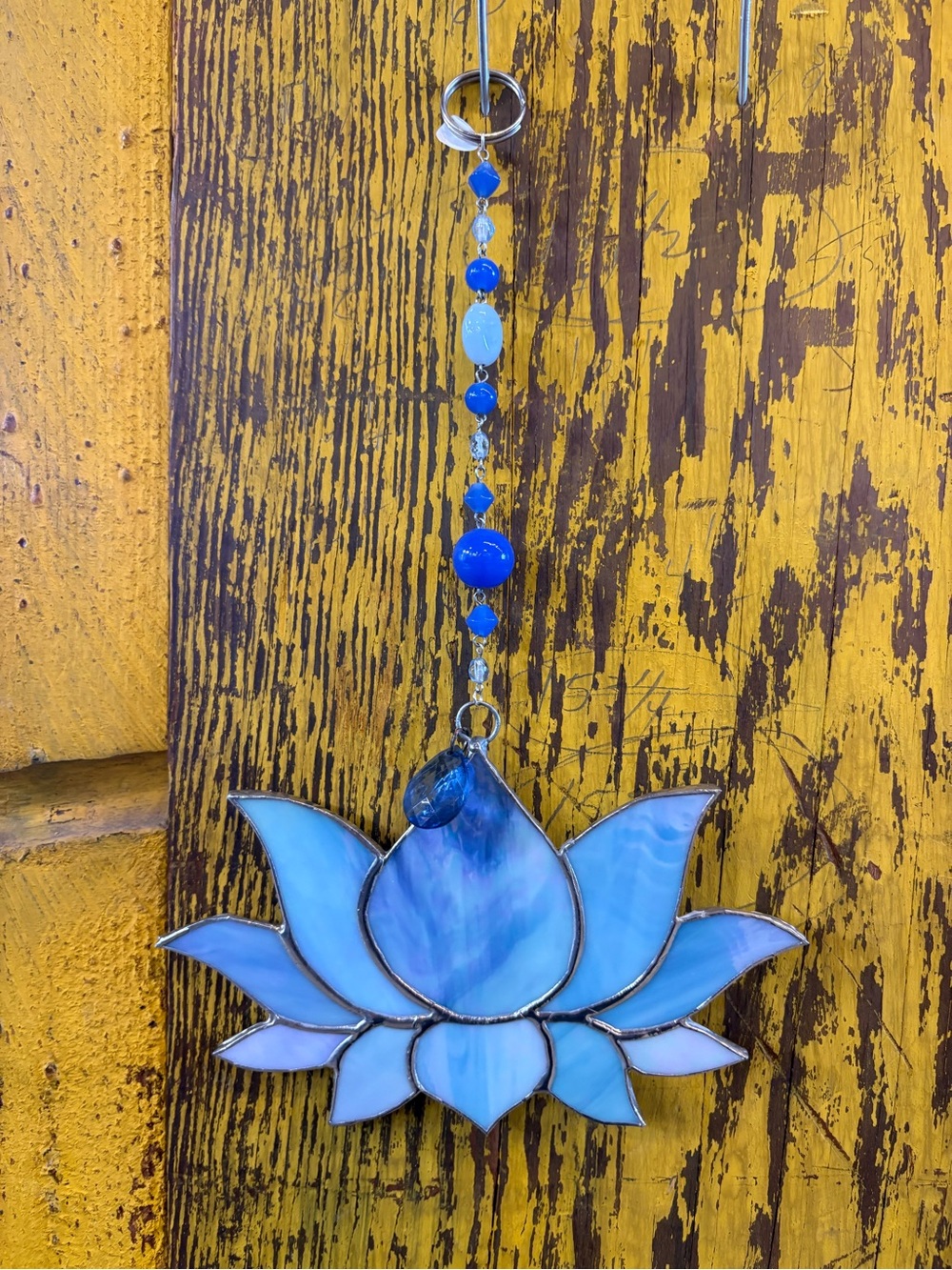 Blue Lotus Stained Glass Sun Catcher Beaded Strand Meditation Yoga Window Decor